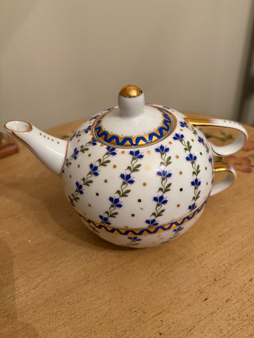 Nantucket Blue Cornflower Motif Tea Pot and Tea Cup with Gold Accents.